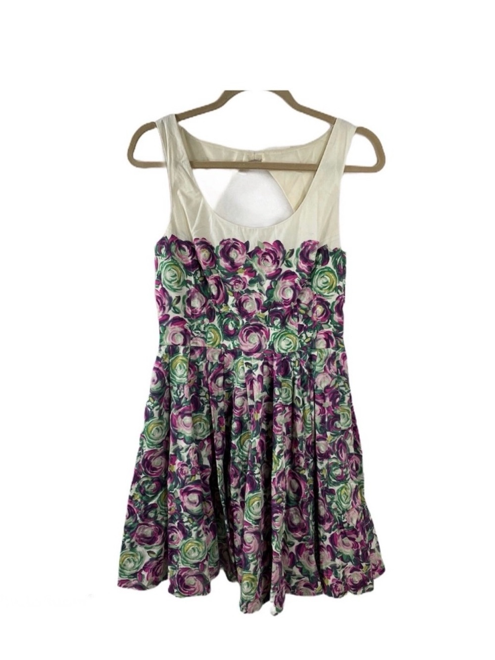 Floral Fit-and-Flare Dress in Cream with Purple & Green Roses Size 10